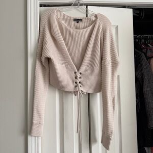 Kendall & Kylie Cream V-Neck Sweater with Lace-Up